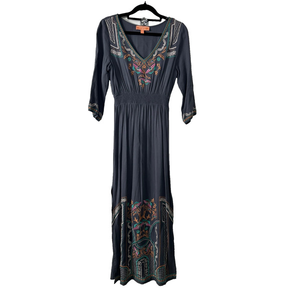Peachpuff Dresses & Skirts - Grey Embroidered Maxi Dress M Smocked Waist Peachpuff Double Leg Slits Boho D55